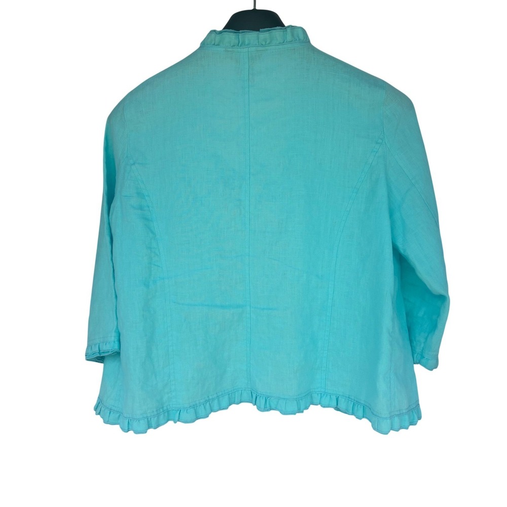 Open Coastal Grandma Open Front Linen Jacket PLg Turquoise Cottagecore BohoChic - Picture 4 of 11